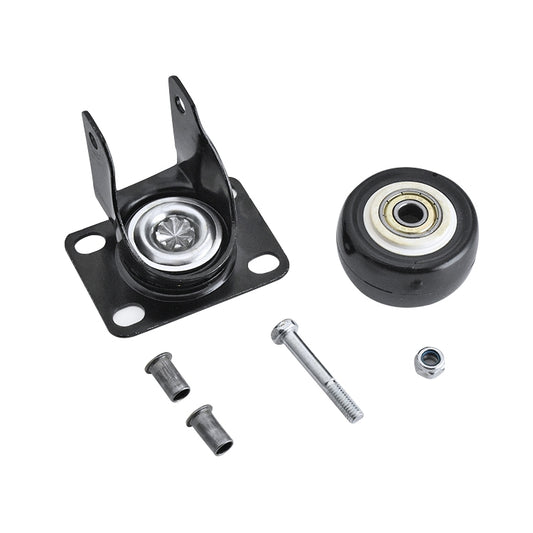 Black caster assembly with mounting plate, wheel, and included screws