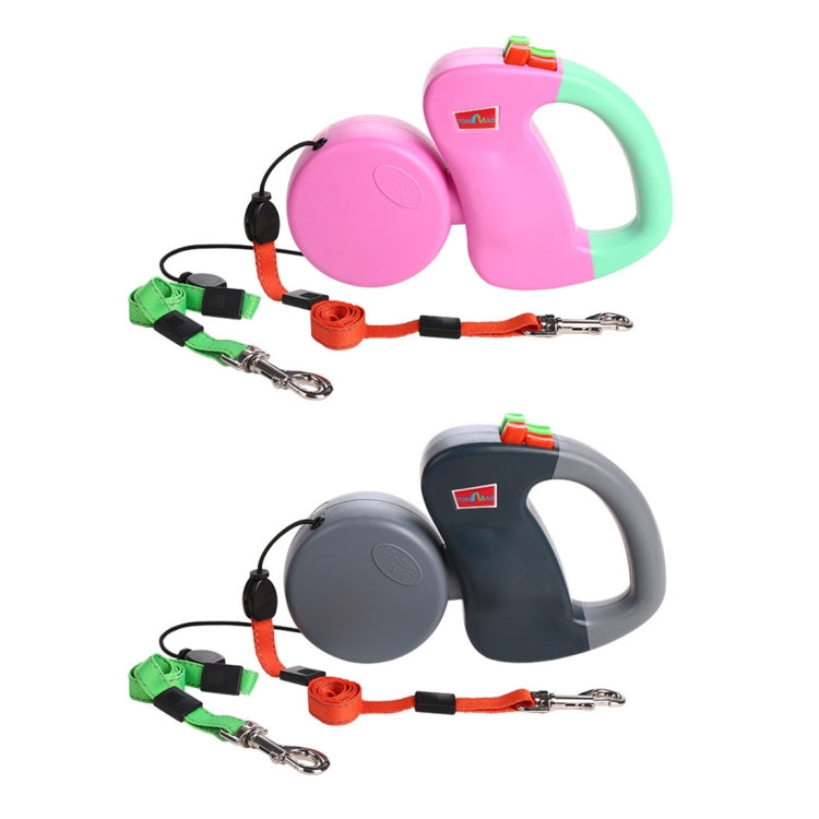 Dual retractable pet leash set in pink/mint and gray with orange and green clips