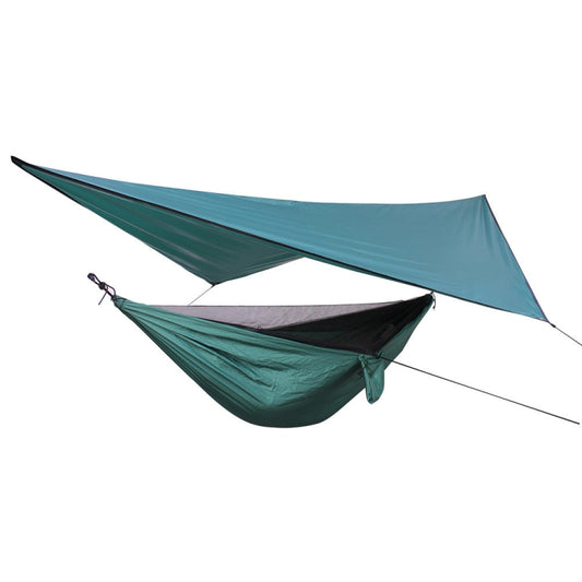 Green and blue double-layer hammock with mosquito net canopy and support lines