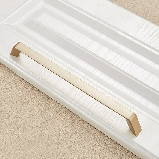 Gold zinc alloy cabinet drawer handle with flat rectangular base and arched grip