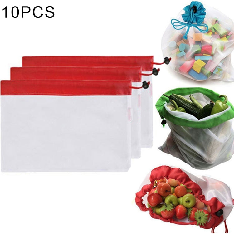 Set of reusable mesh food pouches with drawstring ties, red and white
