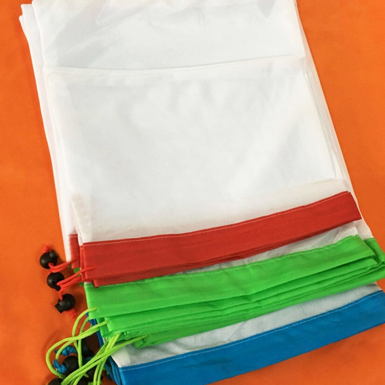 Reusable mesh food pouches with drawstring ties, white with red, green, and blue trim