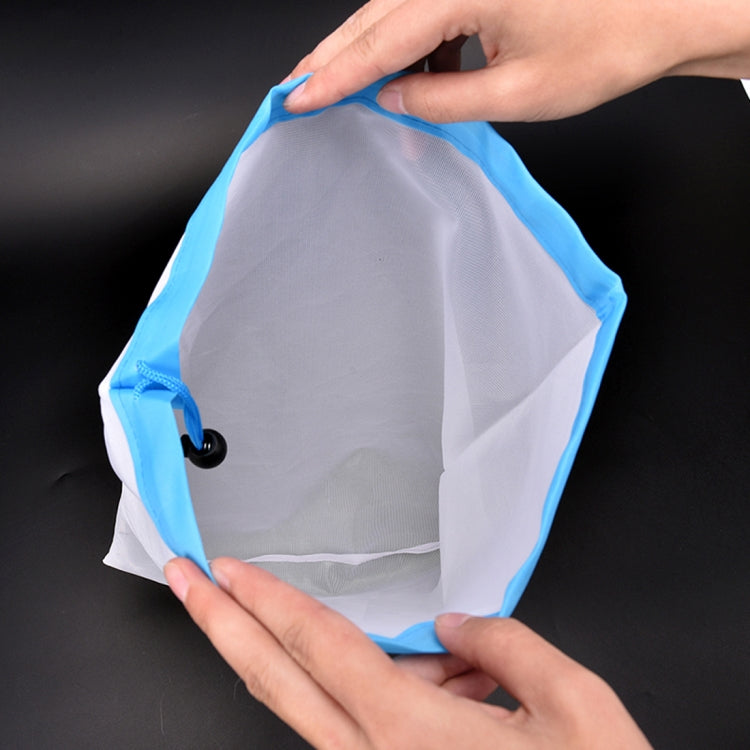 Blue-trim reusable mesh food pouch with drawstring closure, held open by hands