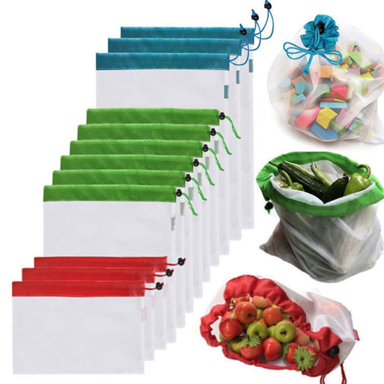 Assorted reusable mesh food pouches with drawstring ties, red, green, and blue colors