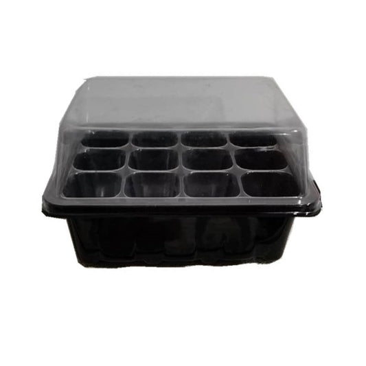 12-hole seedling tray with clear plastic lid, dark base and open slots