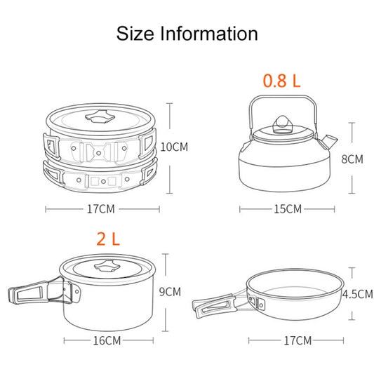 Size diagram of stackable gray camping pots with lids and fold handles