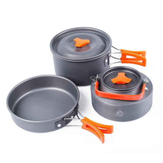 Gray camping pots with matching lids and orange fold handles, cookware set for 2–3