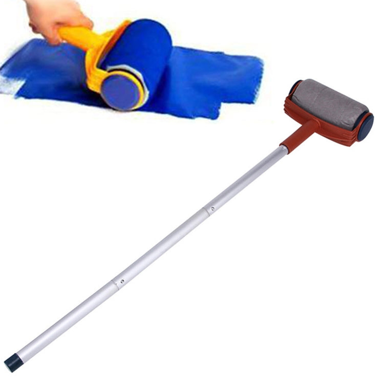 Paint roller handle with gray fabric sleeve and brown frame, with small blue end cap.