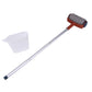 Extension paint roller with gray cover on brown frame; includes white scraper head.