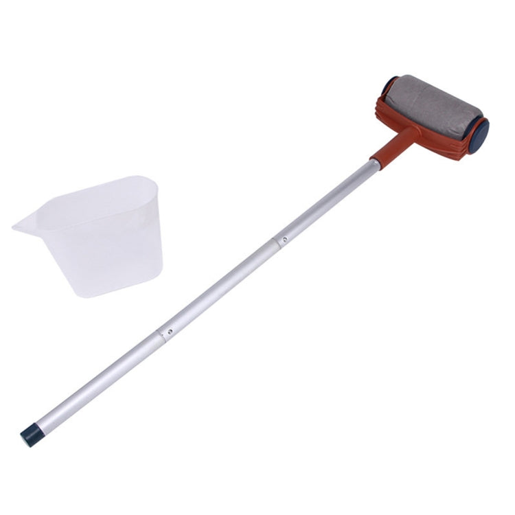 Extension paint roller with gray cover on brown frame; includes white scraper head.