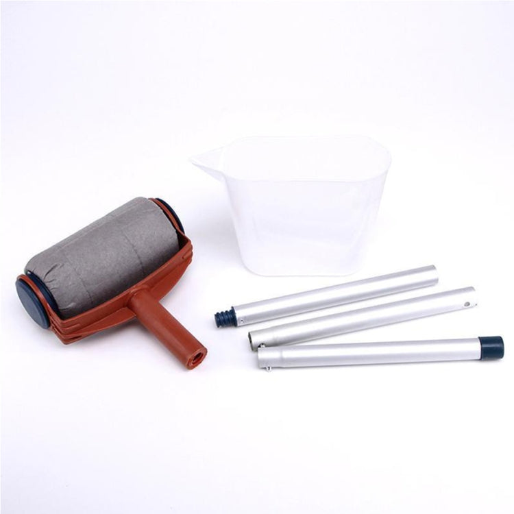 Paint roller set with gray cover and brown handle, plus plastic tray and two metal poles.