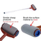 Long-handled paint roller with gray fabric sleeve and brown frame, blue end cap.