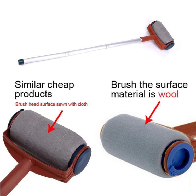 Long-handled paint roller with gray fabric sleeve and brown frame, blue end cap.