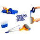 Paint roller and brush set with gray roller cover, yellow handle, and blue paint tray.