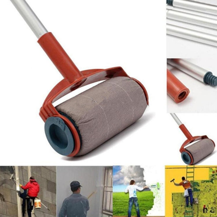 Gray roller cover with brown frame and circular end cap; roller handle and refill parts shown.