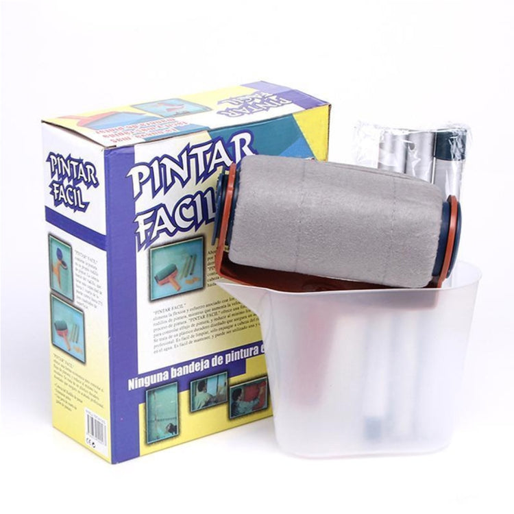 Paint roller set box with gray roller cover and white plastic paint bucket.