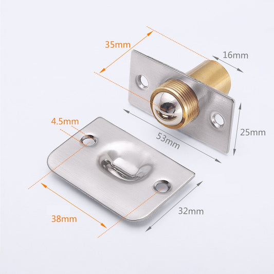 Stainless steel door bead latch set with copper spring and base plates, size diagram