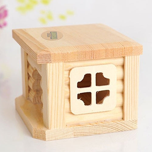 Light wood pet hut with flat roof; square front window with paw-shaped cutouts