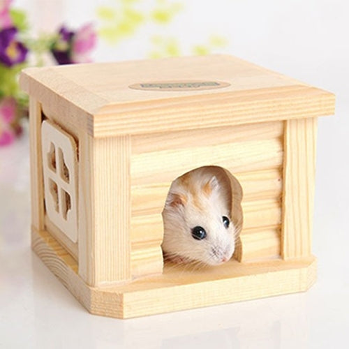 Light wood pet flat-roof hut with front window opening; hamster peeking inside