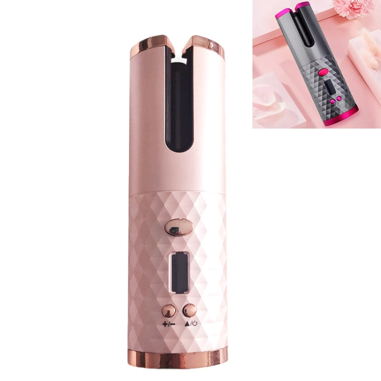 Automatic hair curler with black barrel window and copper-toned top, rose-gold body