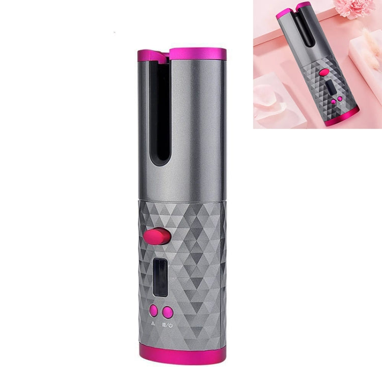 Automatic hair curler with black barrel window and pink controls, grey body with pink trim