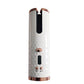 Automatic hair curler standing upright, black window and copper-toned top, white finish