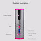 Automatic hair curler with LCD display, pink controls, black barrel window, silver body