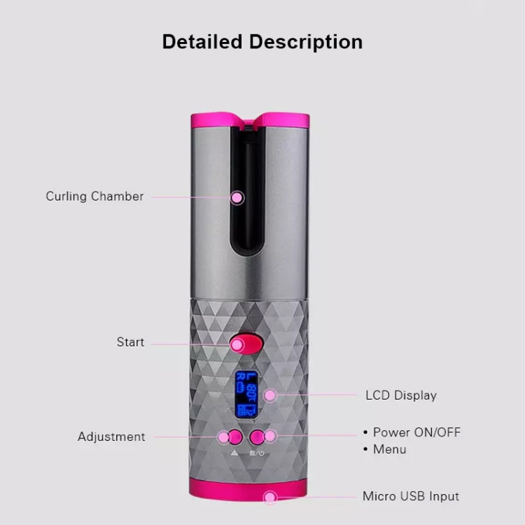 Automatic hair curler with LCD display, pink controls, black barrel window, silver body