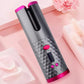 Automatic hair curler with pink power button, black window, diamond texture, grey body