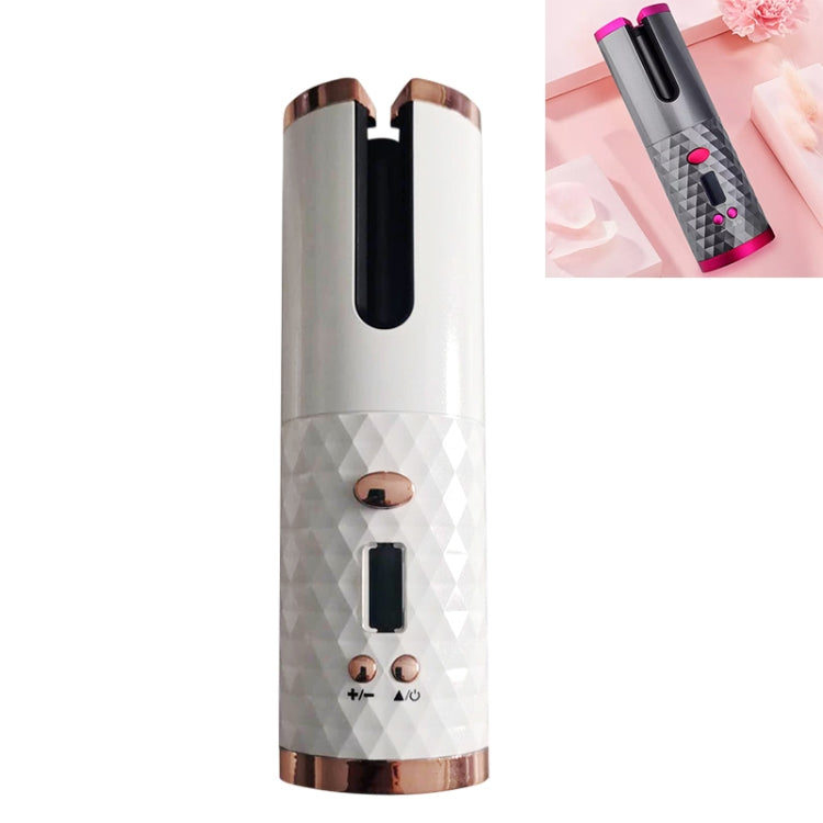 Automatic hair curler with black barrel window and copper-toned top, white body