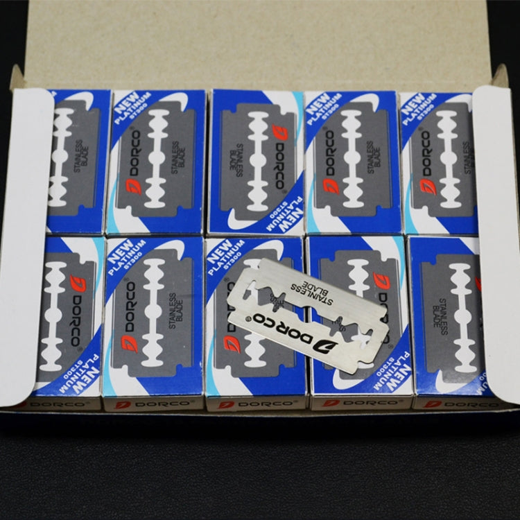 Ten stainless steel double-sided shaving blade boxes in an open carton