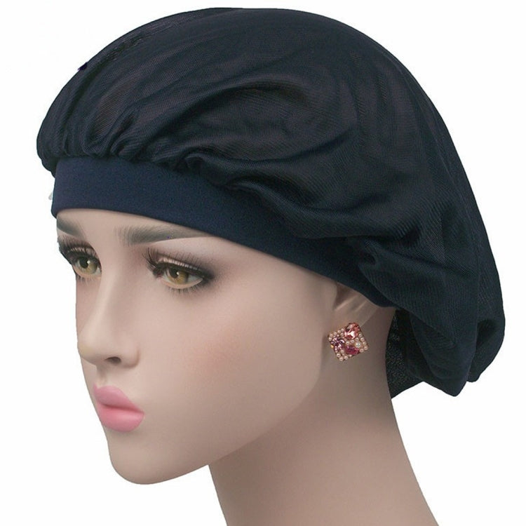 Dark navy satin long-hair bonnet with wide band and gathered ruffles at top