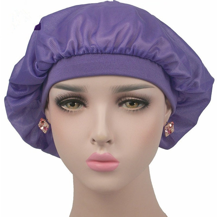 Purple satin long-hair bonnet with wide band, ruffled crown and gathered sides