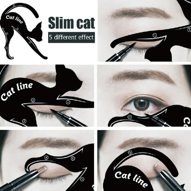 Cat line eyeliner stencil templates for different effects shown with an eyeliner tool