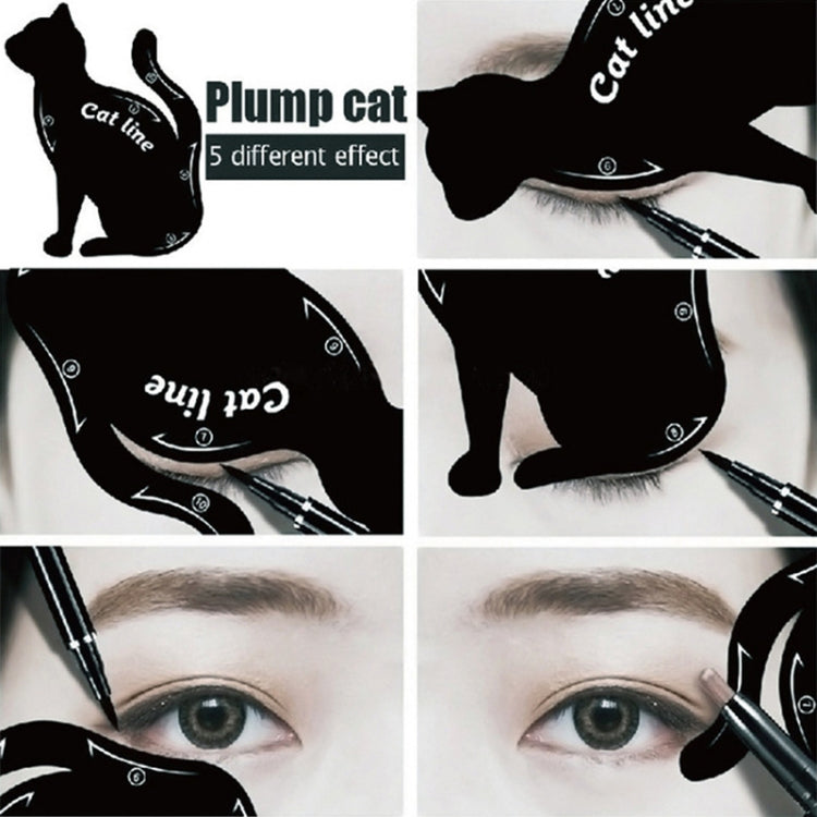 Cat line eyeliner stencil templates with cat silhouettes and eyeliner application examples