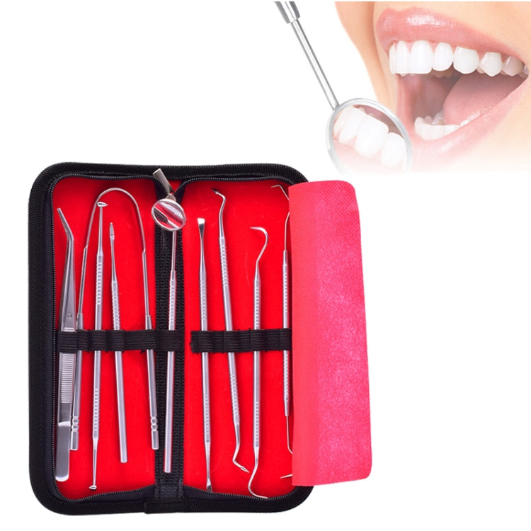 Stainless steel dentist tool set in black zip case with red organizer sleeve