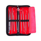 Stainless steel dentist tool set neatly arranged in black zip case with red sleeve