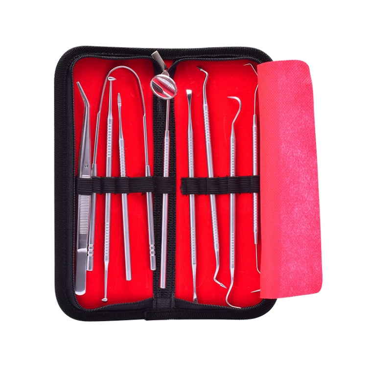 Stainless steel dentist tool set neatly arranged in black zip case with red sleeve