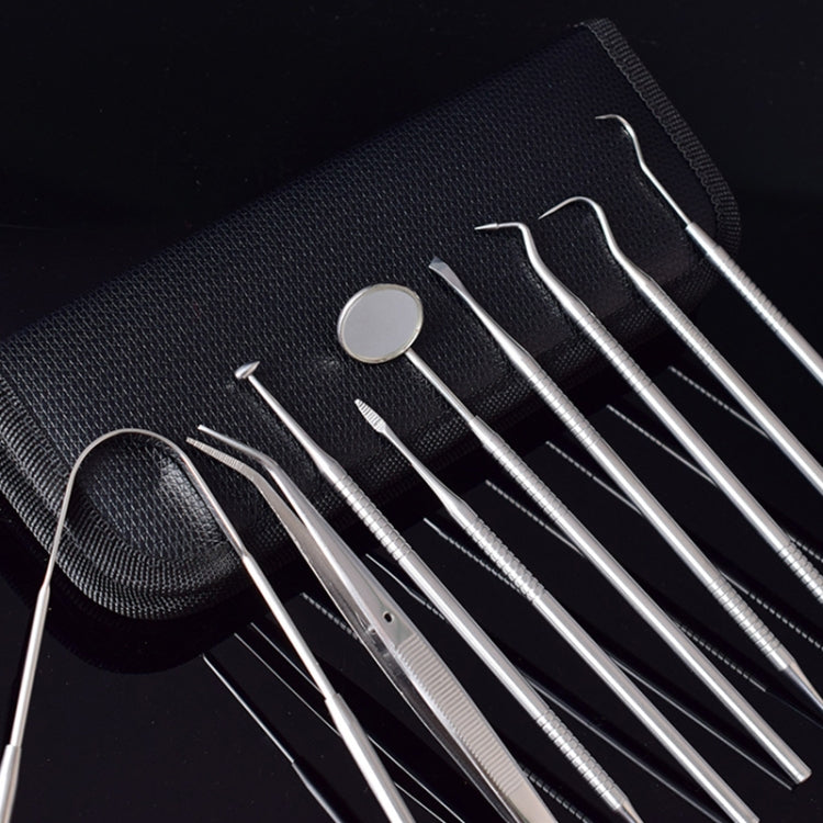 Stainless steel dentist tools with hooked and flat tips on textured black case fabric
