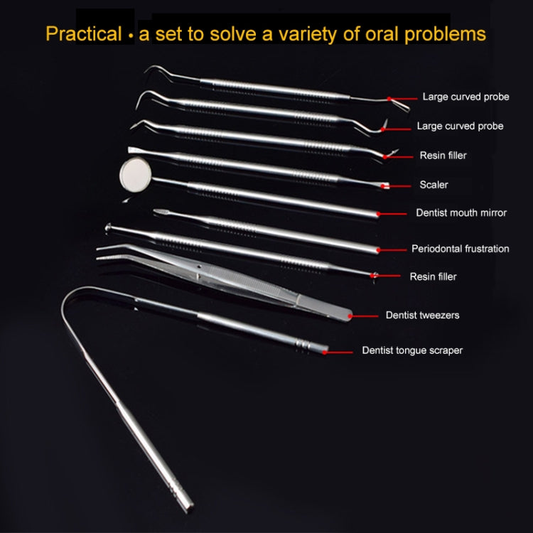 Assorted stainless steel dentist tools laid out for variety of oral procedures