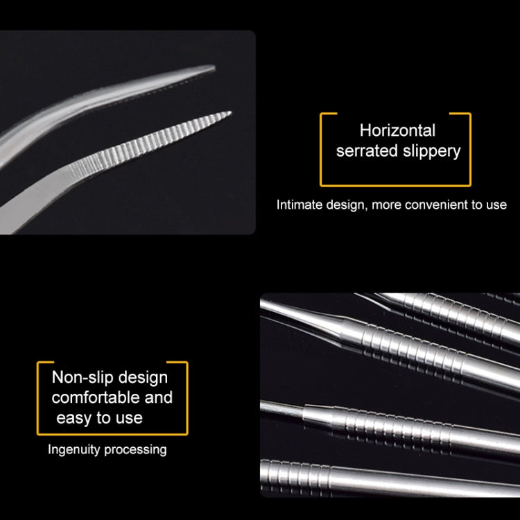 Stainless steel dentist tools showing ribbed grip and curved serrated ends
