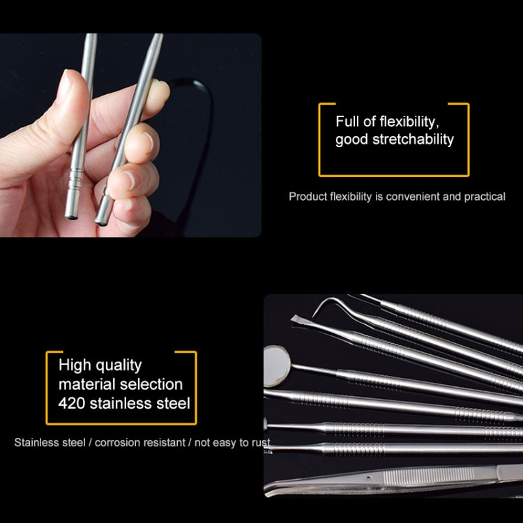 Stainless steel dentist tools with ribbed grip held in hand and assorted tips