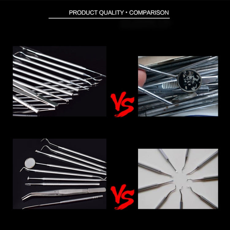 Stainless steel dental tools comparison showing hooked tips and mirror-like head