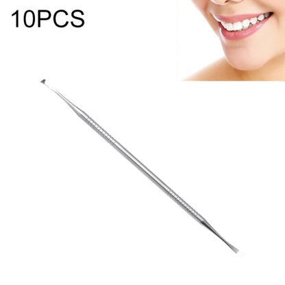Stainless steel dental hoe-shaped tool with narrow pointed tip and straight handle