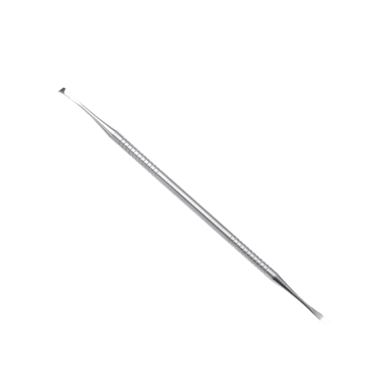 Stainless steel dental tool with narrow pointed tip and textured grip on handle