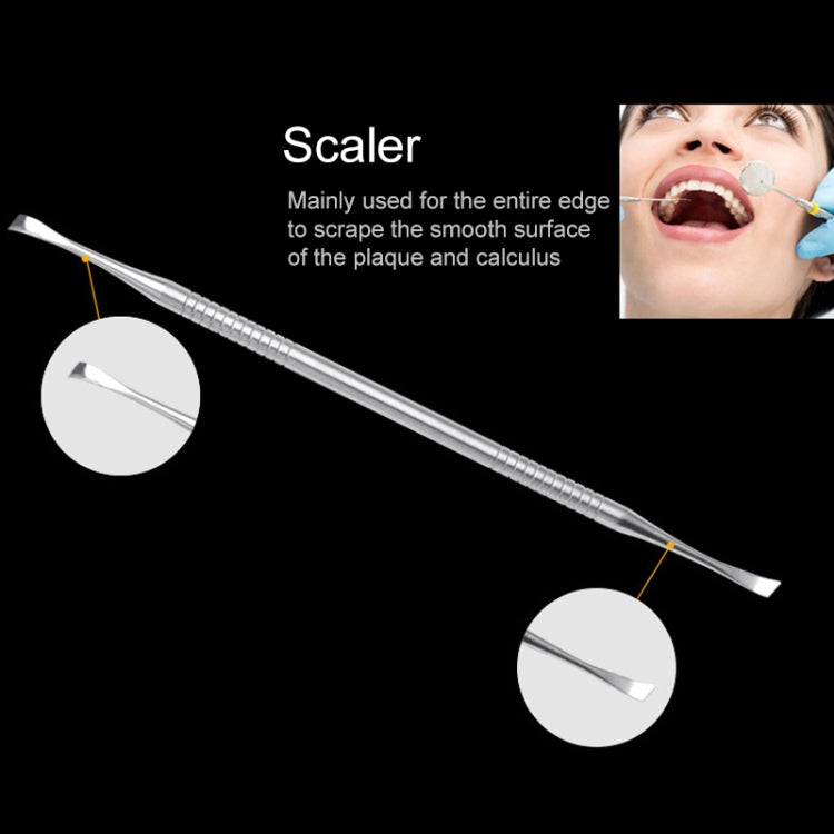 Stainless steel dental probe with curved end tip and textured handle