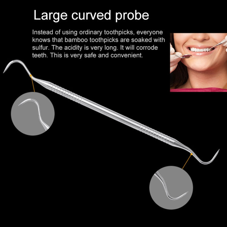 Stainless steel dental large curved probe with hooked tip and ridged handle