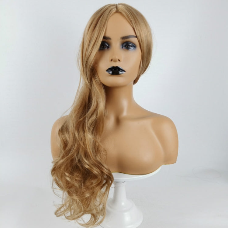 Long blonde wavy curly wig on mannequin with side part