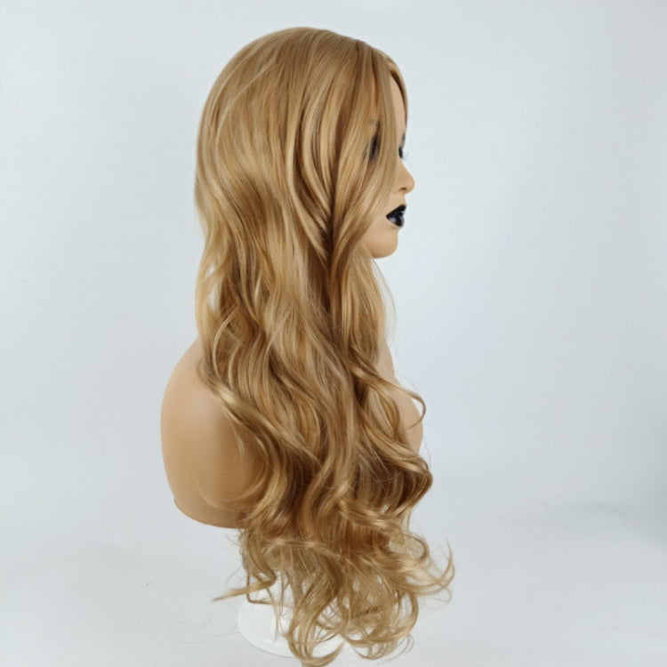 Side view of long blonde wavy curly wig with soft layers