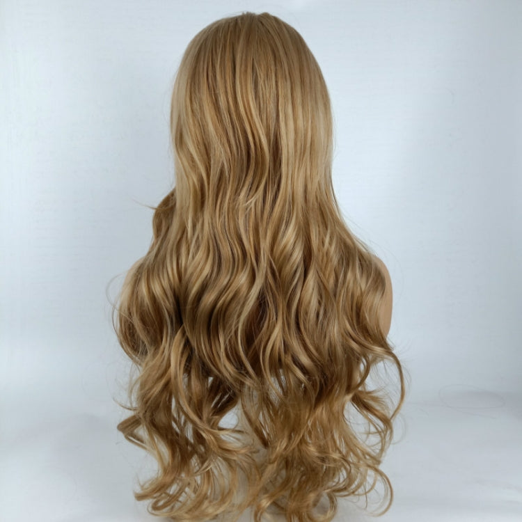Back view of long blonde wavy curly wig with full volume